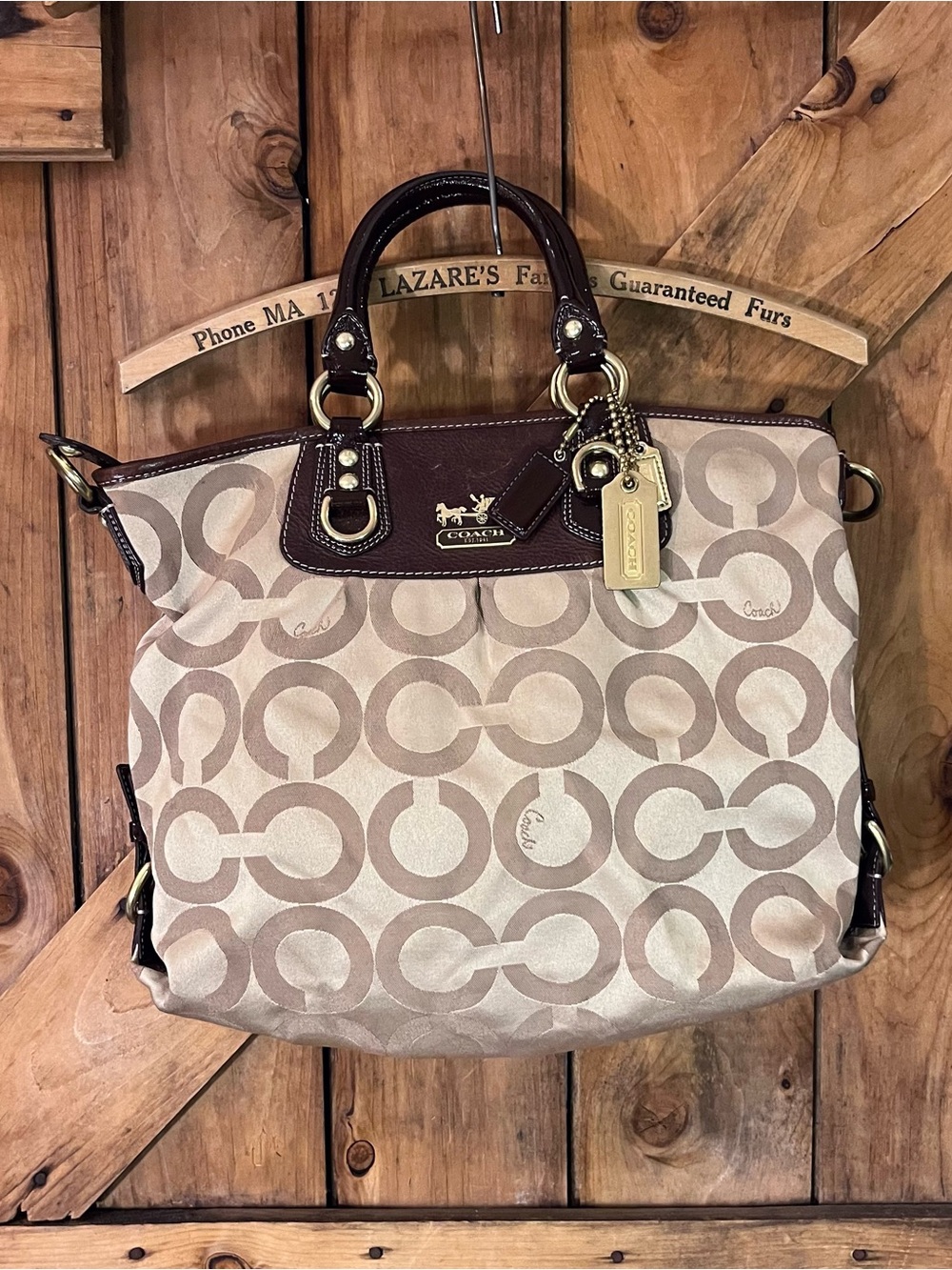 Coach Signature Jacquard Convertible Satchel Shoulder Bag Brown Beige